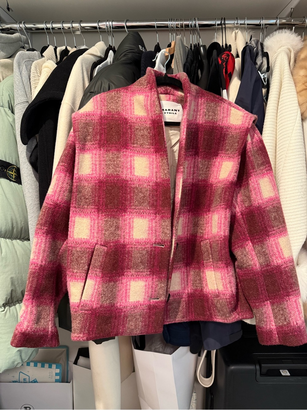 Isabel Marant Pink Plaid Wool-Blend Boxy Jacket